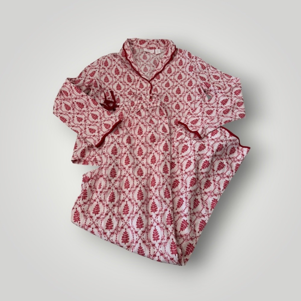 Shabby Chic Pajama Set Women Small Red Christmas Tree Toile Holiday Coquette